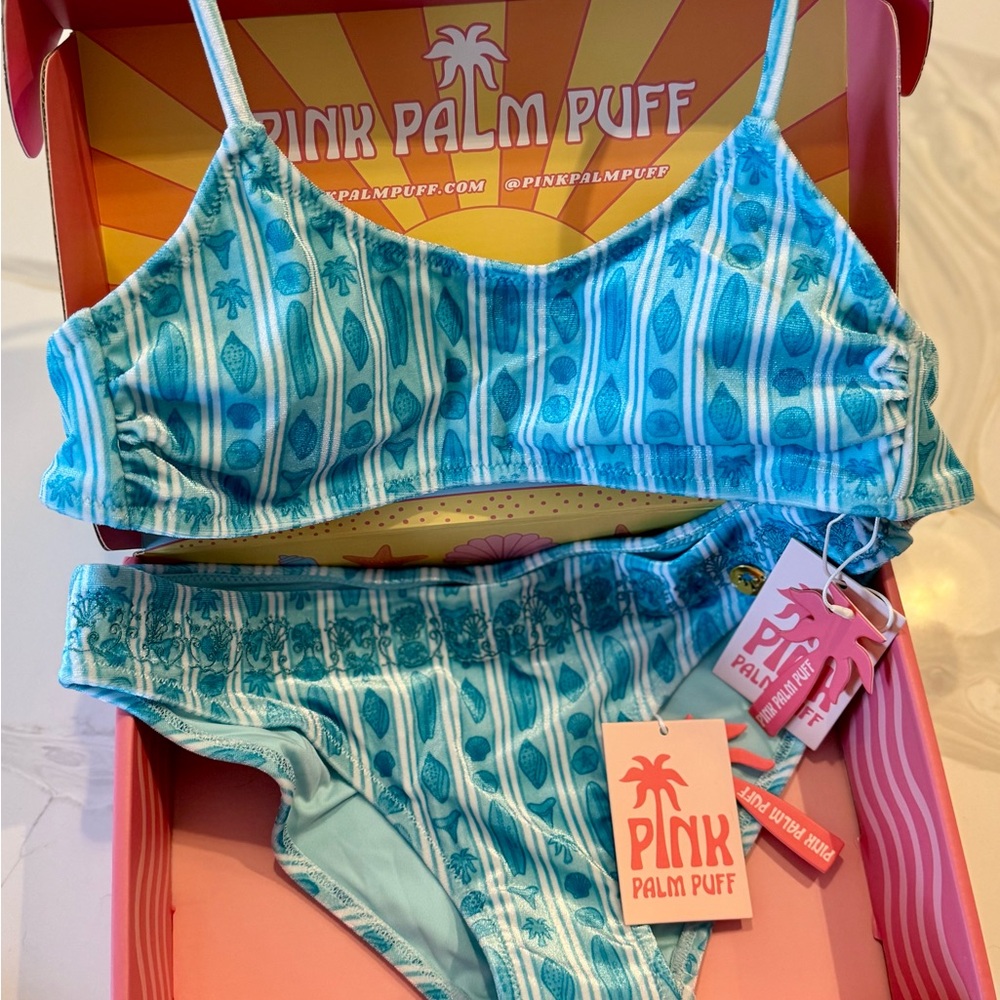 Pink Palm Puff Women's Teal Bikini Set